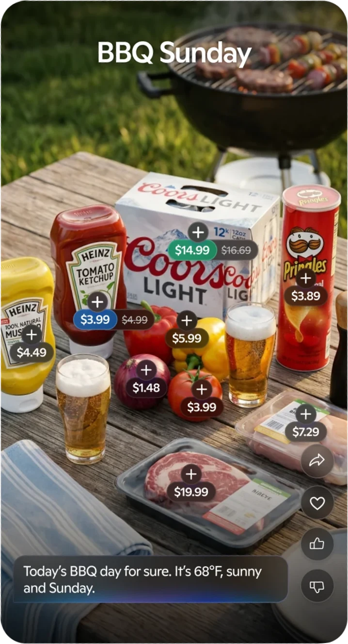 Phone showing a BBQ Sunday cart with grill essentials curated by Go