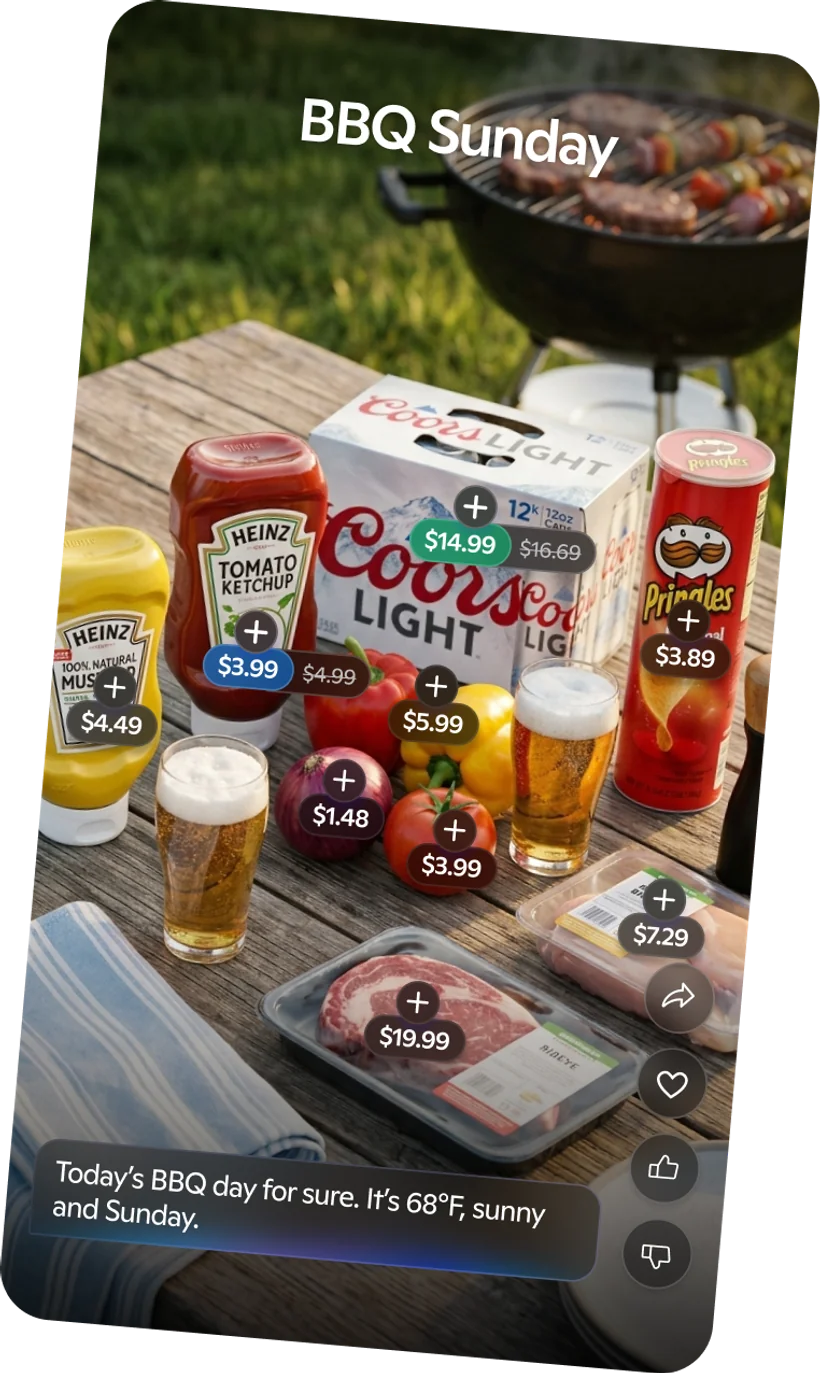 Phone showing a BBQ Sunday cart with grill essentials curated by Go