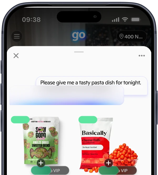 Phone showing a Go chat returning best-deals snack suggestions