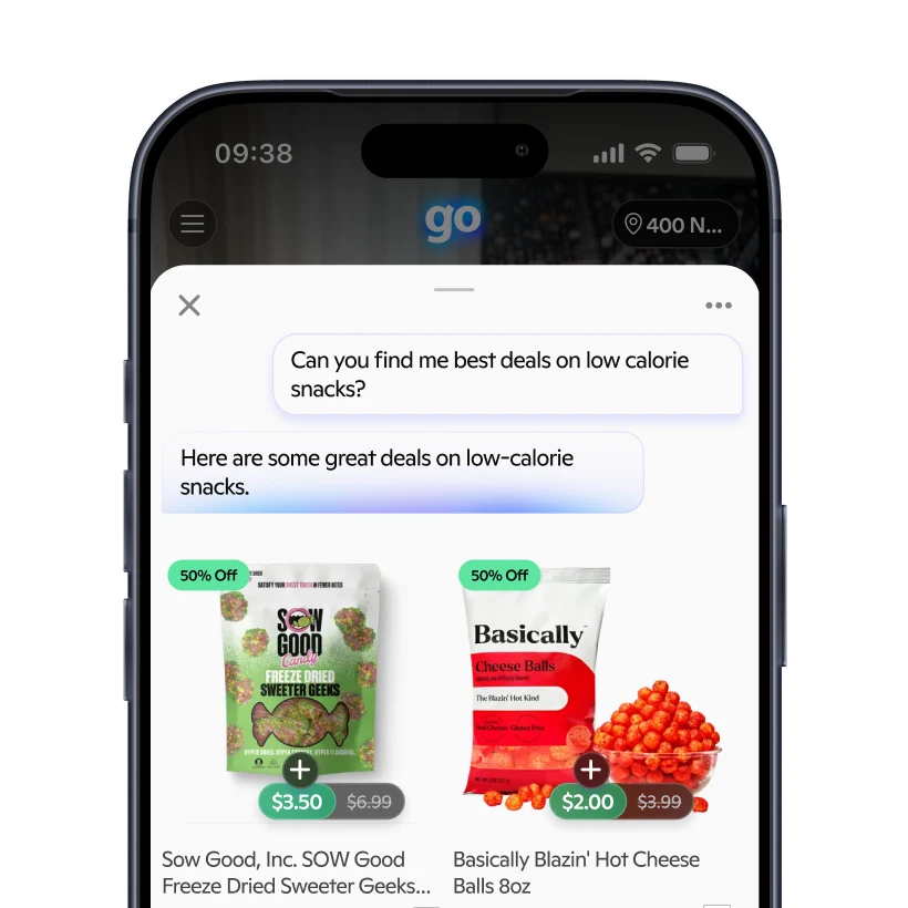 Phone showing a Go chat returning best-deals snack suggestions