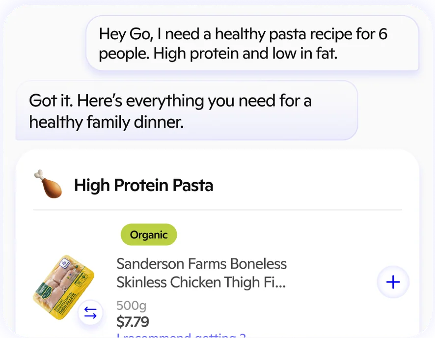 Phone showing Go AI returning a High Protein Pasta recipe with product cards