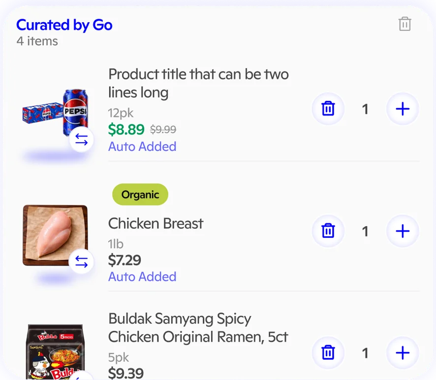 Curated by Go cart card showing auto-added Pepsi, Chicken Breast, and Buldak Samyang Spicy Chicken Ramen