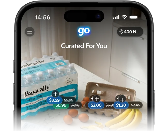 Go app showing a Curated For You cart with a breakfast chat preview