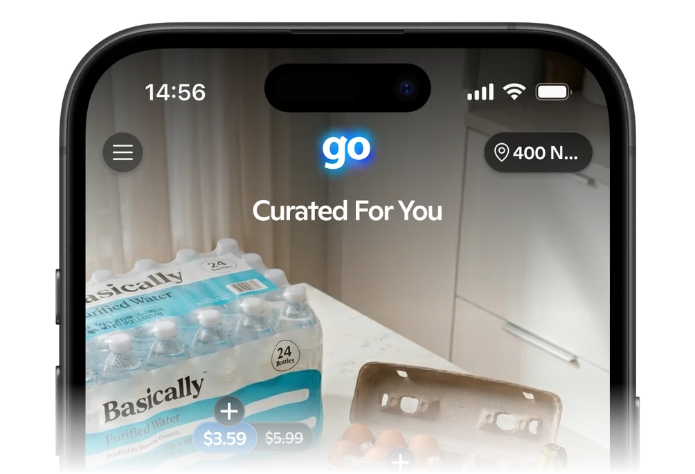 Go app showing a Curated For You cart with a breakfast chat preview