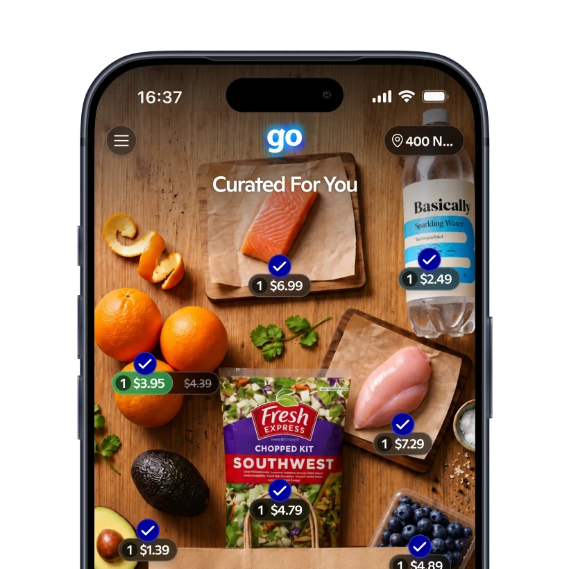 Phone showing a 5am Power Start cart with sports drinks and breakfast items