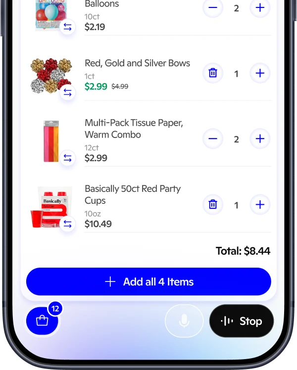 Phone showing a voice-built cart with party supplies ready to add