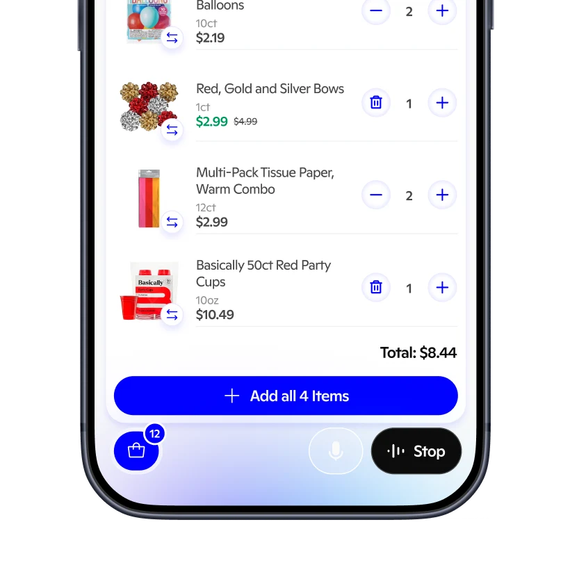 Phone showing a voice-built cart with party supplies ready to add
