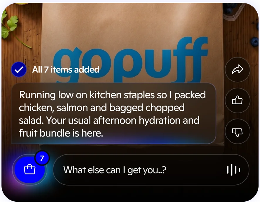 Phone showing Go's automated cart with 7 added items