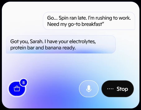 Voice UI card showing a chat exchange and mic / stop controls